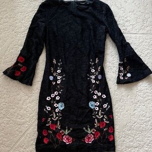 Desigual Black Midi Lace Dress with Floral Embroidery size 34